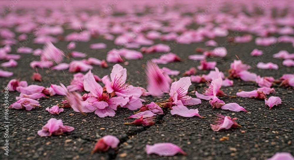 Obraz premium Vibrant pink flower petals scattered on pavement in spring setting. Beautiful pink blossoms lay among cracks creating a natural carpet. Concept for floral inspiration or spring-themed decoration.