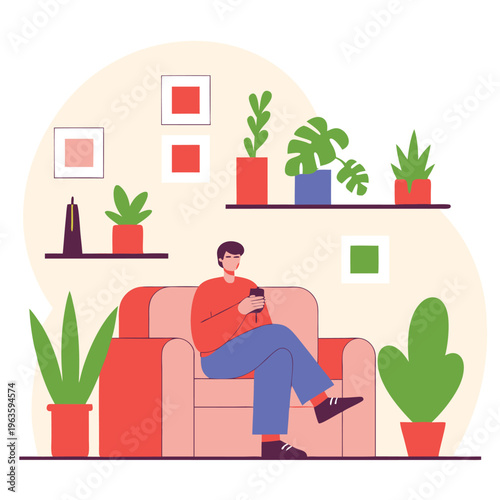 Leisurely Indoor Retreat Person Relaxing in Armchair Smart Phone Amidst House Plants Home Decor Shelves with Art Books