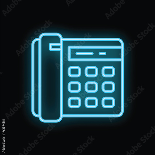 Blue neon office phone icon glowing on a dark background
