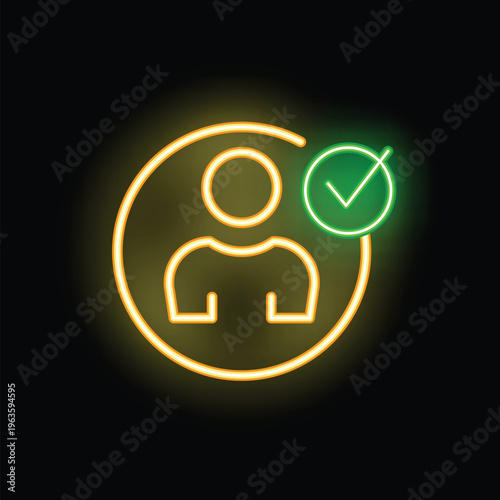 Glowing neon sign of a person icon with a green checkmark, signifying approval or verification
