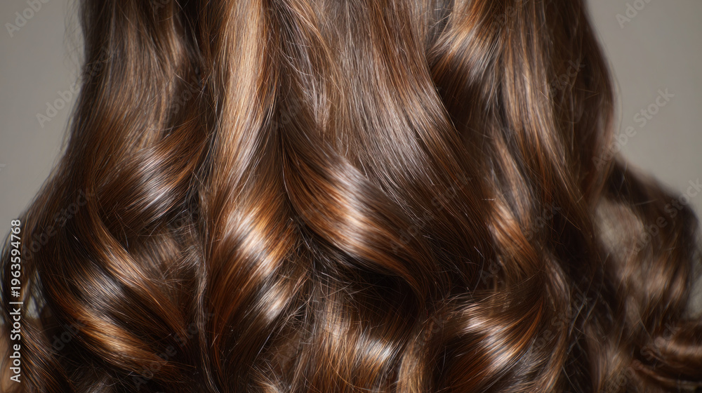 Fototapeta premium Brown hair close-up as a background. Women's long brown hair. Beautifully styled wavy shiny curls. Hair coloring. Hairdressing procedures, extension.