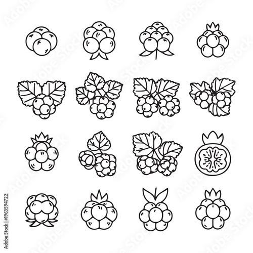 Cloudberries and Berries Icons: Hand-Drawn Fruit Illustrations with Leafy Stems Isolated Vector Graphics
