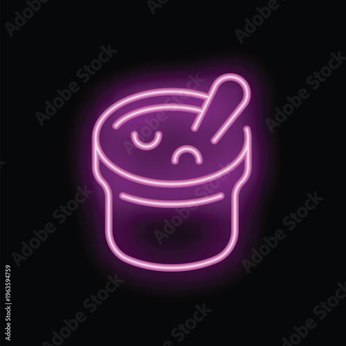 Neon sign of a sad empty coffee cup with a spoon, glowing purple on black background