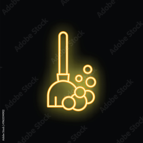 Neon plunger icon with bubbles is glowing on a black background