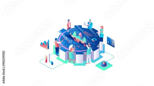 Animated business team analyzing data dashboard with charts and metrics