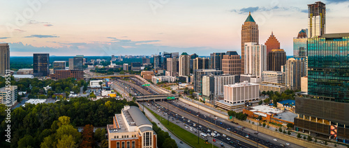 Atlanta Skyline and Highway at Sunset with Midtown Towers and Urban Traffic