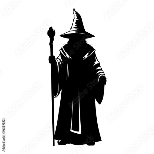 Black Silhouette of a Mysterious Wizard Holding a Staff