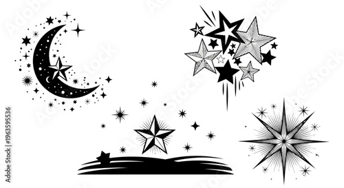 Black and White Celestial Elements Set with Moon and Stars