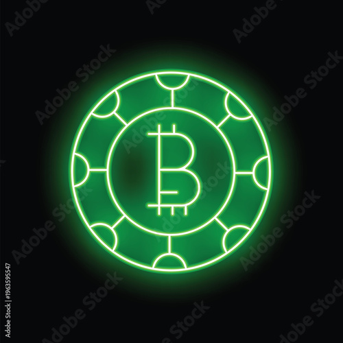 Green neon bitcoin casino chip glowing on a black background, perfect for online casinos or cryptocurrency investments