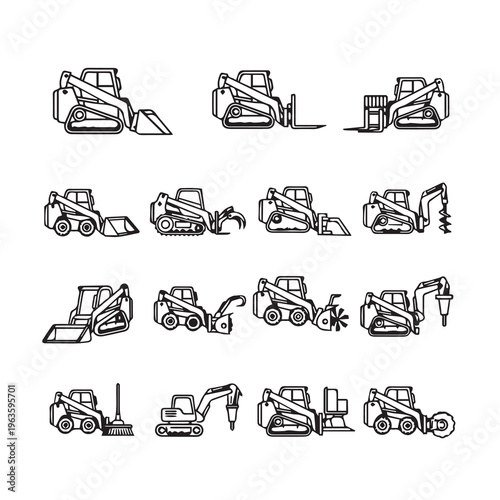 Compact Utility Loader Icons with AttachmentsLine Art Style Construction Equipment Set