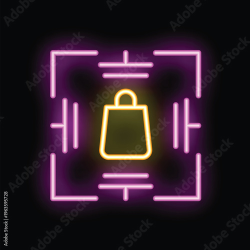 Yellow neon shopping bag symbol surrounded by glowing lines on a black background