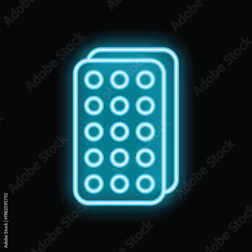 Neon blue glowing outline icon of a blister pack of pills over a black background