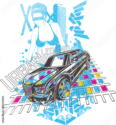 Modern car urban legend illustration with street style and city elements