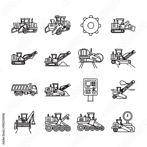 Construction Machinery Icons SetHeavy Equipment Line Drawings for Road Building
