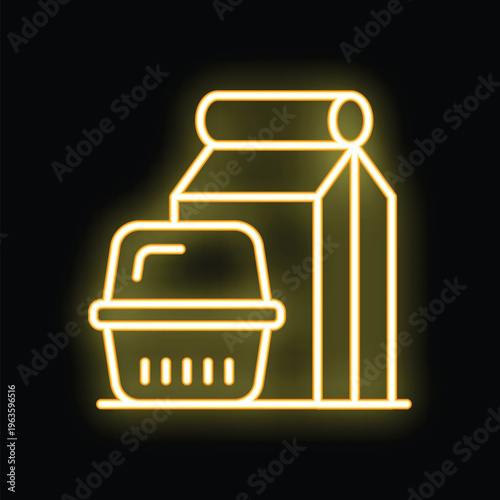 Glowing neon line art illustration of a takeout food order with a drink and a carton of food