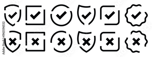Check mark for website icon vector set. Check tick mark icon set. Cross box x check mark checkbox v list draw hand drawn sketch doodle brush marker checklist symbol wrong right circle.