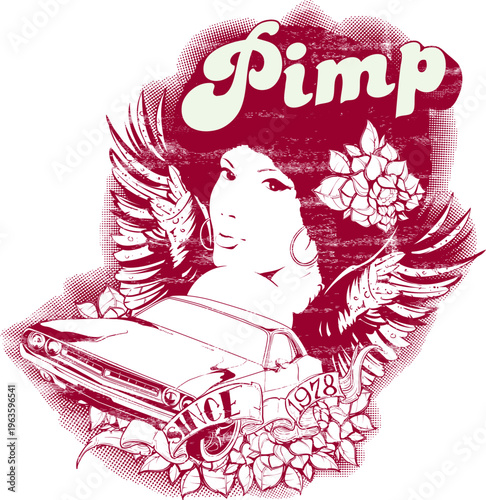 Vintage woman with afro and car emblem graphic design with classic car