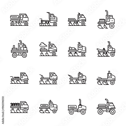 Agricultural Plow Truck Set Vector Icons: Farming Equipment Line Art for Agribusiness Concepts