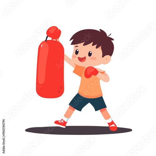 Boy Boxing Punching Bag Training. Young Cartoon Athlete Practices Sport, Healthy Lifestyle and Determination. Punching bag in the Gym, Cardio Fitness, Character Design. Generative AI