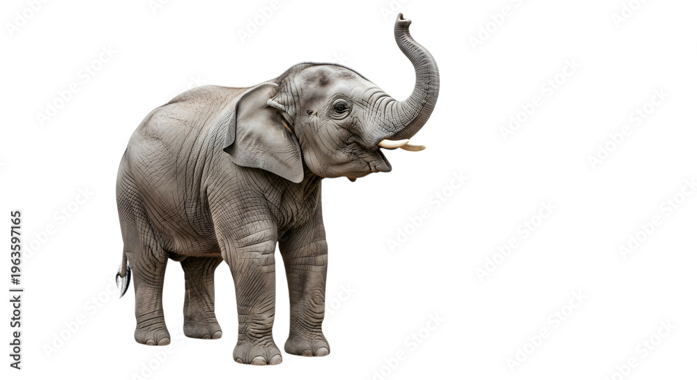 Fototapeta premium Gray elephant standing isolated on transparent background with trunk raised high in air