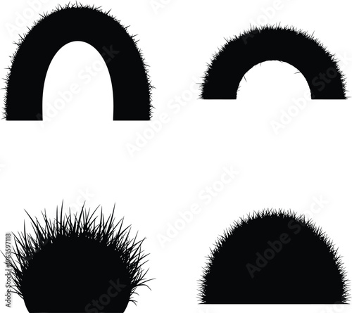 Grass tuft and arch silhouette icons set for landscape design
