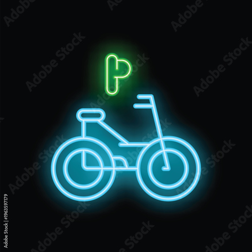 Glowing neon sign depicting bicycle parking with a green p and blue bicycle on a black background