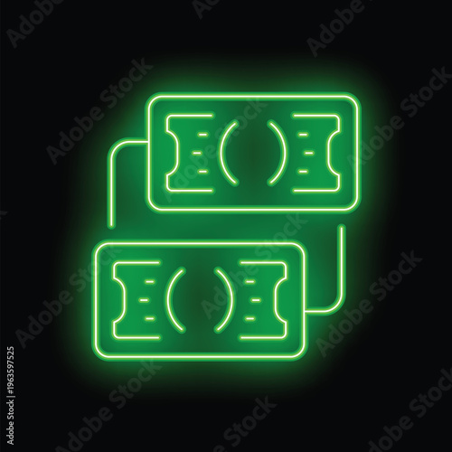 Neon green icon of two connected tickets glowing on a black background
