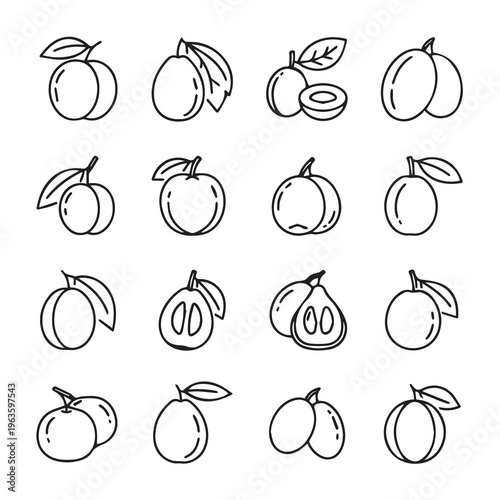 Assorted Stone Fruits Collection: Outline Icons for Fresh Produce and Healthy Eating Concepts