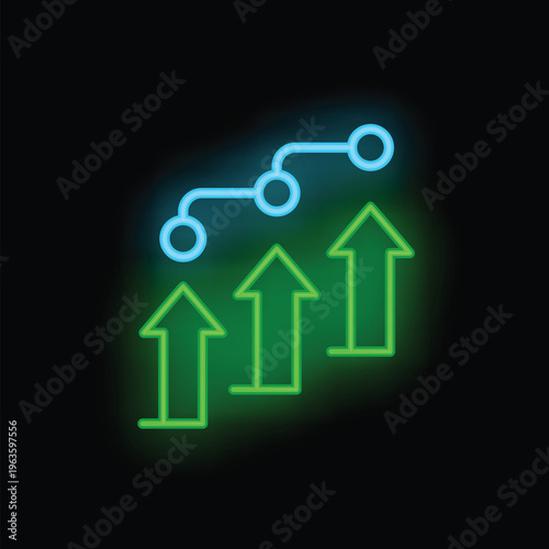 Neon sign showing growing arrows connected by line representing positive trend on black background