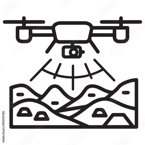 Modern quadcopter drone with integrated camera scanning and mapping a mountainous landscape terrain using remote sensing technology, minimalist black line art icon for surveying and GIS.