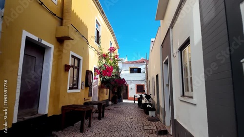 Traditional Portuguese Calcada Paving POV Walk in Colorful Portimao Old Town Alley