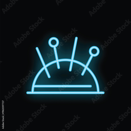 Blue neon sign of a pincushion with needles for sewing and tailoring