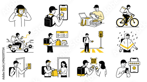 Food Delivery Service Illustration Set: Cyclist, Scooter Rider, Courier Actions and Mobile App Interface