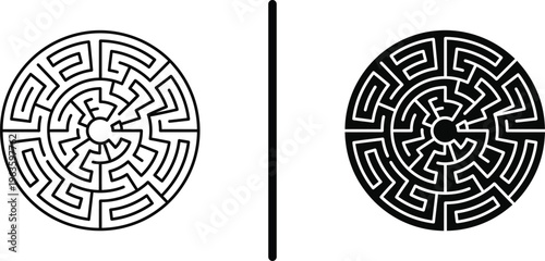 A black and white illustration of two circular mazes side by side