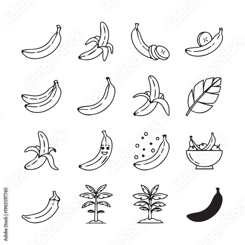 Banana Icons Collection: Peeled Sliced Whole and Plant VarietiesSimple Line Art