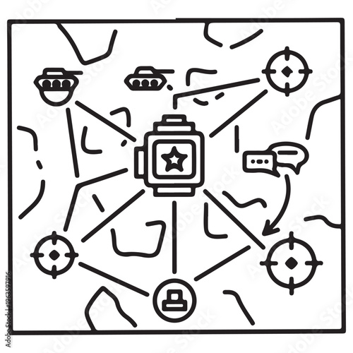 Military tactical command interface icon displaying strategic battlefield coordination with tanks, targets, and communication links on a camouflage background in a clean line art style.