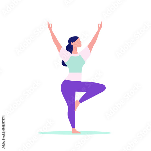 Yoga Pose Tree Position. Woman Practicing Balance with Arms Up. Wellness Exercise for Concentration and Relaxation. Isolated Cartoon Vector Illustration on White Background.