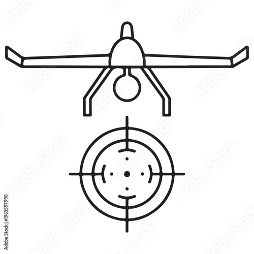 Military drone UAV aircraft icon with target crosshair symbol, minimalist black line art illustration for surveillance, defense technology, and modern warfare concepts on white background.