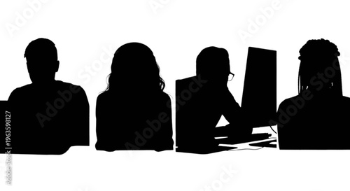 Silhouettes of four people sitting at a desk