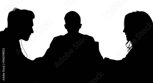 Silhouettes of three people in a discussion or meeting