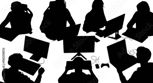 Silhouettes of people working and gaming with computers