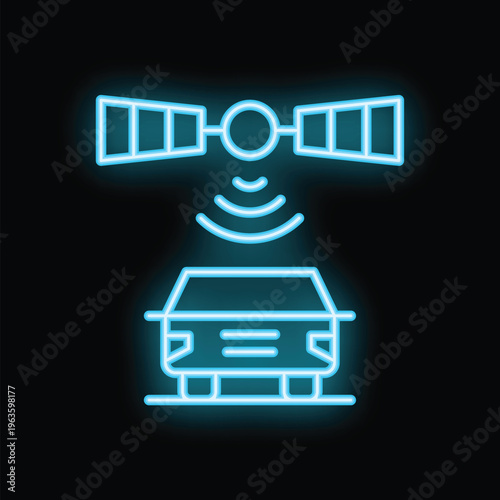 Neon icon representing a satellite sending a signal to a self driving car using gps