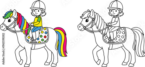 Cute Girl Riding Colorful Pony Childrens Equestrian Cartoon