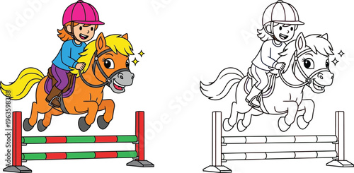 Cheerful Girl Riding Pony Over Jump Kids Equestrian Cartoon