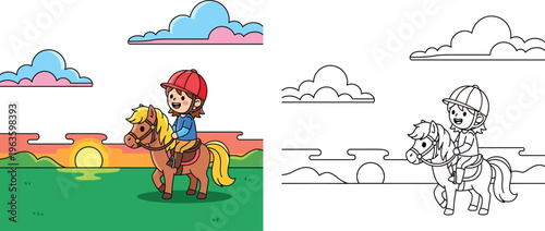 Cute Girl Riding Pony at Sunset Whimsical Equestrian Scene