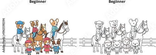 Cute Cartoon Animal Beginner Horse Riders Whimsical Equestrian Illustration