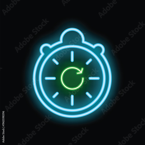 Glowing blue neon clock is showing a recurring time event with a green arrow symbol