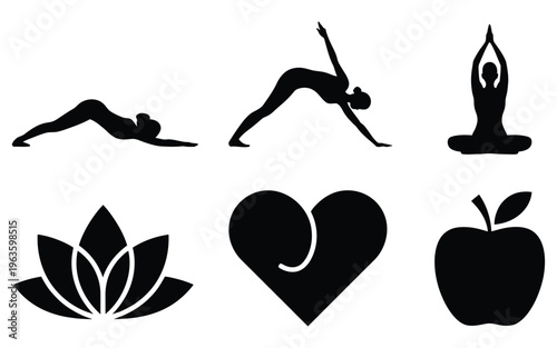 Yoga silhouette icons with symbols