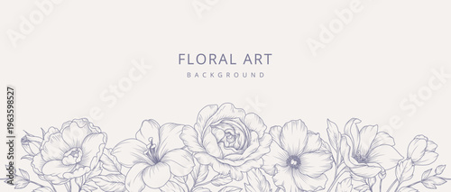 Luxury line art background with hand drawn flowers. Vector vintage design with a bouquet of flowers, branches, leaves for card, branding, wedding invitation, cover, wallpaper, save the date