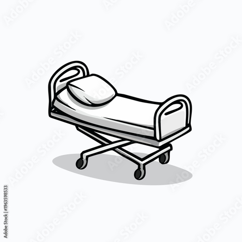 Hospital bed with rails and wheels.